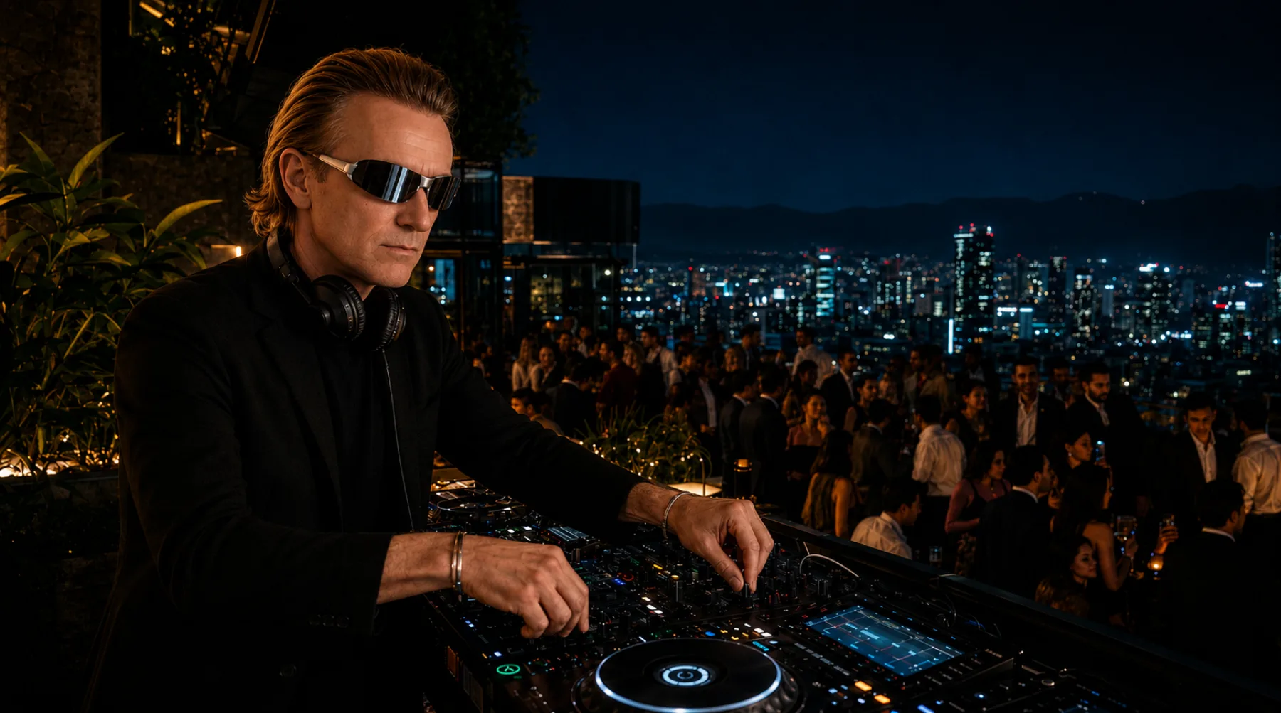 IL PIBE in consolle su un rooftop con lo skyline notturno alle spalle