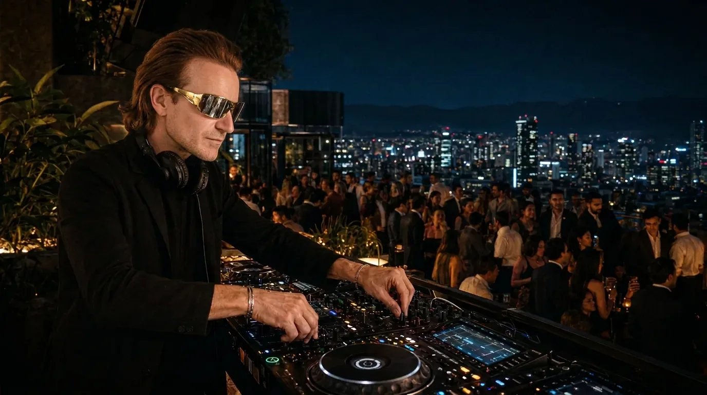 IL PIBE in consolle su un rooftop con lo skyline notturno alle spalle